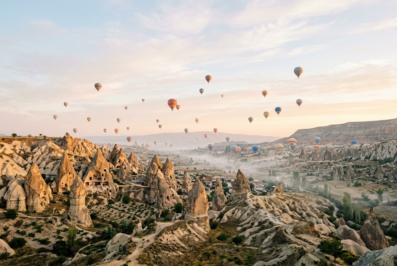 Gün doğumunda Kapadokya üzerinde süzülen balonlar