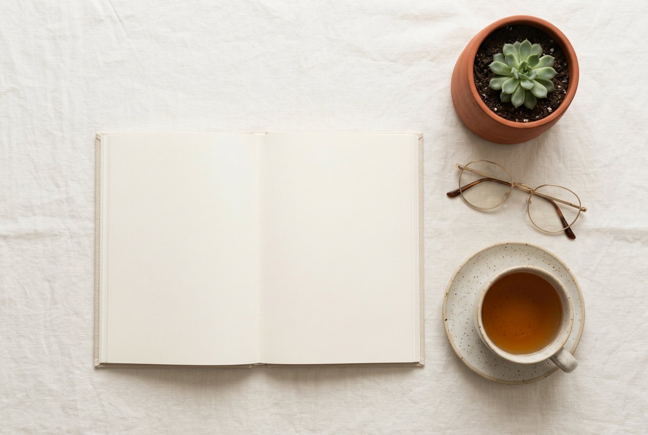 Günlük defter, çay ve gözlük ile sade bir masa